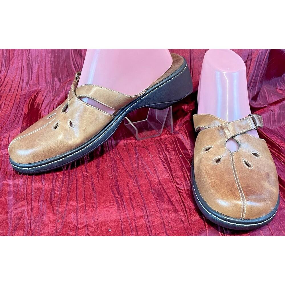 Womens DR SCHOLLS "Margo" Gel-Pac Insoles Mule Clog Slides Brown Leather sz 10